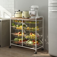 Chariot de rangement de cuisine robuste Joyings avec plateau en bois et paniers en treillis métallique, chariot utilitaire mobile à roulettes