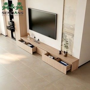 Japandi Light <strong>Oak</strong> <strong>TV</strong> Wall <strong>Unit</strong> with <strong>Black</strong> Open Shelf Column Vertical Groove Drawers <strong>and</strong> Landscape Art Panel Accent - Product Image 4