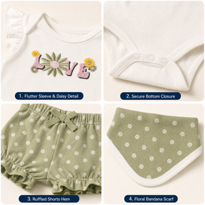 XIANGLIANG Set di <span class=keywords><strong>Abbigliamento</strong></span> Personalizzato per Neonata, Body con Margherite, Culotte e Bavaglino, Set 3 Pezzi 3-12M, Basso MOQ OEM - Product Image 3