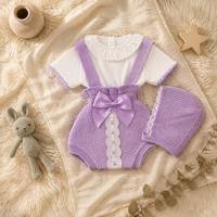 Combinaison bébé Kaiyue, combinaison en coton personnalisée, ensemble tricoté violet 2 pièces avec bonnet, nœud en dentelle, adorable combinaison pour bébé fille, vêtements pour nouveau-né