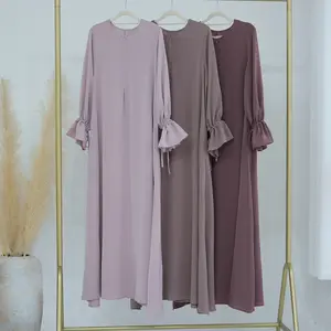 中东阿拉伯迪拜土耳其穆斯林女装Abaya小喇叭袖纯色连衣裙踝长裙