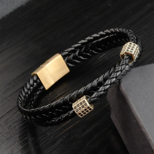 Men's Hand-Woven Multi-Layer <b>Bracelet</b> Black Genuine Leather Cord with Stainless Steel and Rhinestone Accents - Product Image 2