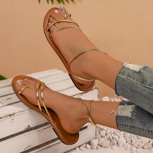 Sandalias Romanas Planas Doradas Ligeras de Verano para Mujer con Correa en el Tobillo y Punta Abierta, Cómodas para Vacaciones en la Playa y Caminatas Diarias - Product Image 3