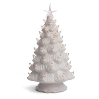 Großer Weißer Keramik-Weihnachtsbaum mit Handbemalten Verzierungen und Beleuchtung, 39,5 cm Hoch, Festliche Dekoration