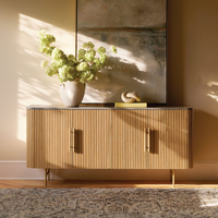Buffet moderne en chêne américain, meuble de rangement à 4 portes cannelées avec plateau en marbre, pieds métalliques de luxe, credenza imposante en bois massif
