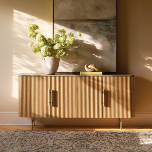 <span class=keywords><strong>Buffet</strong></span> moderne en chêne américain, meuble de rangement à 4 portes cannelées avec plateau en marbre, pieds métalliques de luxe, credenza imposante en <span class=keywords><strong>bois</strong></span> massif - Product Image 2