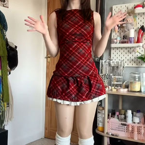 Vestido Chaleco sin Mangas a Cuadros con Falda Plisada en Bloques de Color, Estilo Casual de Punto para Mujer, Moda Urbana - Product Image 2