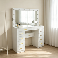 Table de maquillage moderne éclairée avec miroir et tiroirs, plateau en verre, pour chambre à coucher, vente en gros