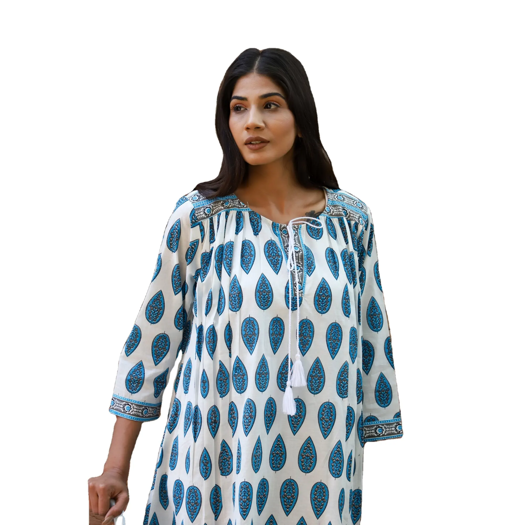 Cotton sky blue hand block printed women's summer wear classy and cute mini dress with laces