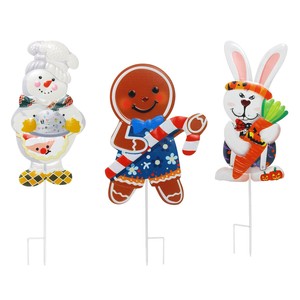 Ornement <span class=keywords><strong>de</strong></span> Noël extérieur en fer avec motif <span class=keywords><strong>bonhomme</strong></span> <span class=keywords><strong>de</strong></span> <span class=keywords><strong>neige</strong></span> et lapin en pain d'épices, finition peinte, à poser au sol pour jardin - Product Image 3