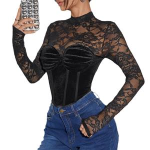 Haut de <span class=keywords><strong>corset</strong></span> <span class=keywords><strong>transparent</strong></span> sexy à manches longues et dos nu en maille pour tout le corps, <span class=keywords><strong>noir</strong></span> et en dentelle - Product Image 4
