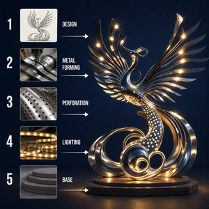 Escultura de Pájaro <span class=keywords><strong>Fénix</strong></span> de Acero Inoxidable Soldado, Pulido a Espejo, Iluminada con LED para Exteriores, Fuente de Agua para Jardín, Tamaños Personalizados - Product Image 3