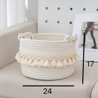 Panier de rangement tressé à la main en corde, écologique, moderne et simple, avec poignées, design à boucle et pompon, pour la maison des enfants