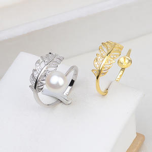 S925 Silver <b>Adjustable</b> <b>Ring</b> for Women Open Mouth with Feather Style DIY Pearl Jewelry Inlay Setting Empty Stand Trendy 28 - Product Image 1