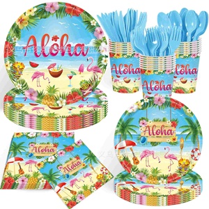 Ensemble de fournitures de fête jetables à thème flamant rose hawaïen, comprenant des assiettes en papier, des gobelets en papier, une nappe, des feuilles de palmier, pour les fêtes de vacances - Product Image 1