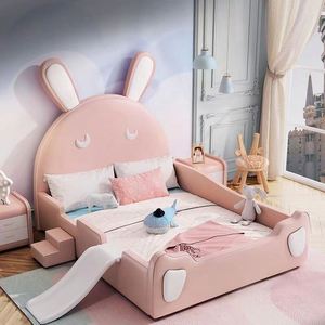Cartoon <b>Pink</b> Bunny Guardrail <b>Slide</b> Bed 1.2 m Solid Wood Girls Princess Bedroom - Product Image 1