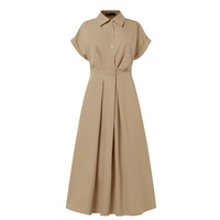 Robe Cardigan à Manches Courtes de Style Collège en Coton et Lin de Couleur Unie Élégante d'Été à Taille Haute Élastique