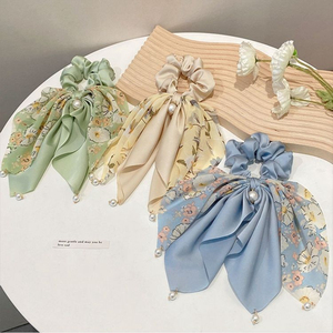 Coleteros coreanos con lazo de mariposa, banda elástica para el cabello con perlas, accesorios para el cabello con estampado floral - Product Image 1