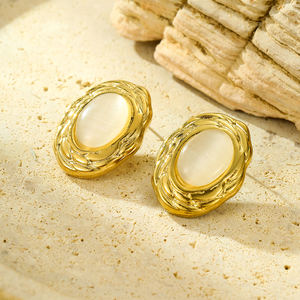 नीमई गुलाबी बिल्ली आंख की स्टड वाली महिला स्टेनलेस स्टील अंडाकार प्राकृतिक पत्थर के बयान 18k सोने की प्लेटेड फैशन गहने - Product Image 3