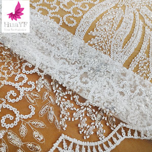 HY3163 Alta Calidad Trabajo Pesado <span class=keywords><strong>blanco</strong></span> 3D encaje largo con cuentas Boda nupcial con encaje vestido de lentejuelas nueva tela africana - Product Image 4
