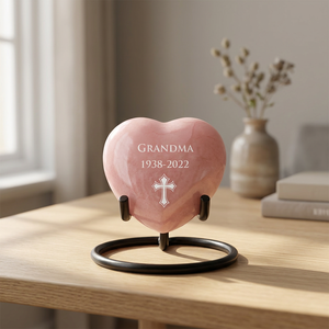 Personalized Heart Shaped <b>Urn</b> Pink Polyresin Grandma 1938-2022 Engraved Cross Memorial Keepsake - Product Image 1