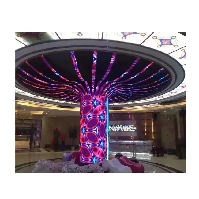 Sala de exposições LED curvado circular para exibição de feiras comerciais, tela flexível para interior, coluna cilíndrica, parede de vídeo LED