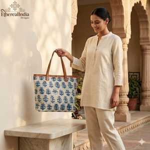 Sac fourre-tout bohème bleu fait main en coton imprimé au bloc indigo avec poignée en cuir – Vente en gros, export Inde - Product Image 3