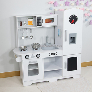 Modern White Wooden Play Kitchen with Vintage Clock Fridge, <b>Microwave</b>, Stove & Sink, Premium Pretend Cooking <b>Set</b> for Kids - Product Image 1