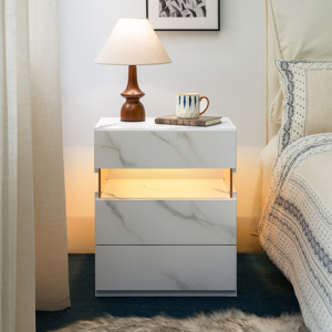 LED Nightstand 3 <b>Drawer</b> Dresser White Stone Acrylic Board Bedside Table for Bedroom Storage <b>Drawers</b> - Product Image 1