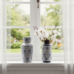 Jarrón de Cerámica Azul y Blanco de Alta Gama, Estilo Art Deco Chino Retro, <span class=keywords><strong>con</strong></span> Diseño Floral Verde y Efecto de Grietas de Hielo, para Decoración de Sala de Estar o Entrada - Product Image 4