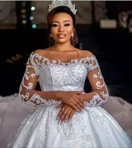 2023 new Illusion African Long Sleeve Wedding Dress Beading Lace Bridal Gown vestido de noiva