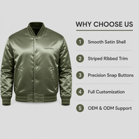 Blouson universitaire personnalisé pour homme en satin olive, avec boutons-pression, col et poignets côtelés, finition brillante, style baseball, bomber, universitaire, décontracté, streetwear
