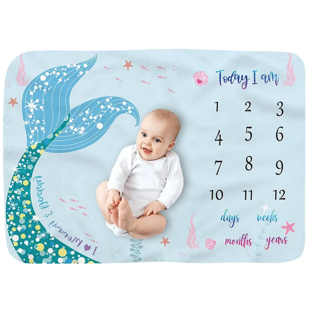 i@home muslin cartoon mermaid tail print unisex flannel fleece newborn baby month diy milestone blanket