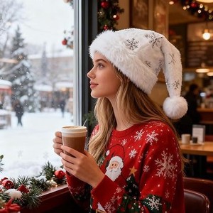 Chapeau blanc en peluche brodé SOLPOP pour Noël avec paillettes en velours et flocons de neige pour hommes et femmes, idéal pour la décoration de fête de Noël - Product Image 4