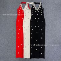 Nouvelle Robe Longue Bandage Unie Sans Manches Col V Ornée de Strass 2026 pour Femme – Idéale pour Dîner Formel et Soirée