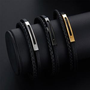 Pulsera de Hombre Personalizada de Acero Inoxidable 316l, Grabada, Chapada en Oro de 14k y 18k, Pulsera de Cuero Trenzado Multicapa de Moda para Hombre - Product Image 4