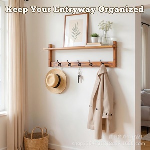 Wall-mounted Floating <b>Shelf</b> With <b>Hooks</b> Solid Wood 2-tier Storage Rack For Entryway Living Room Bedroom Organization - Product Image 2