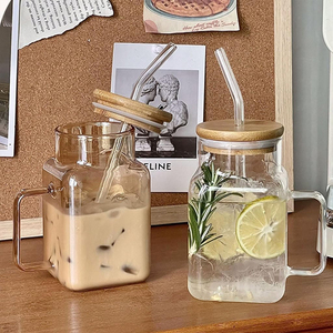 Thiết Kế Hiện Đại 620Ml Vuông Rõ Ràng Glass Iced Ly Cà Phê Cốc Cốc Cốc Với Nắp Bằng Gỗ Và Rơm Cho Nước Trái Cây Sữa Uống Trà - Product Image 6