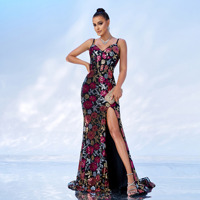 Robe de soirée pour femme, taille haute, coupe ajustée, col en V, à bretelles, scintillante, fendue, style bal et ville