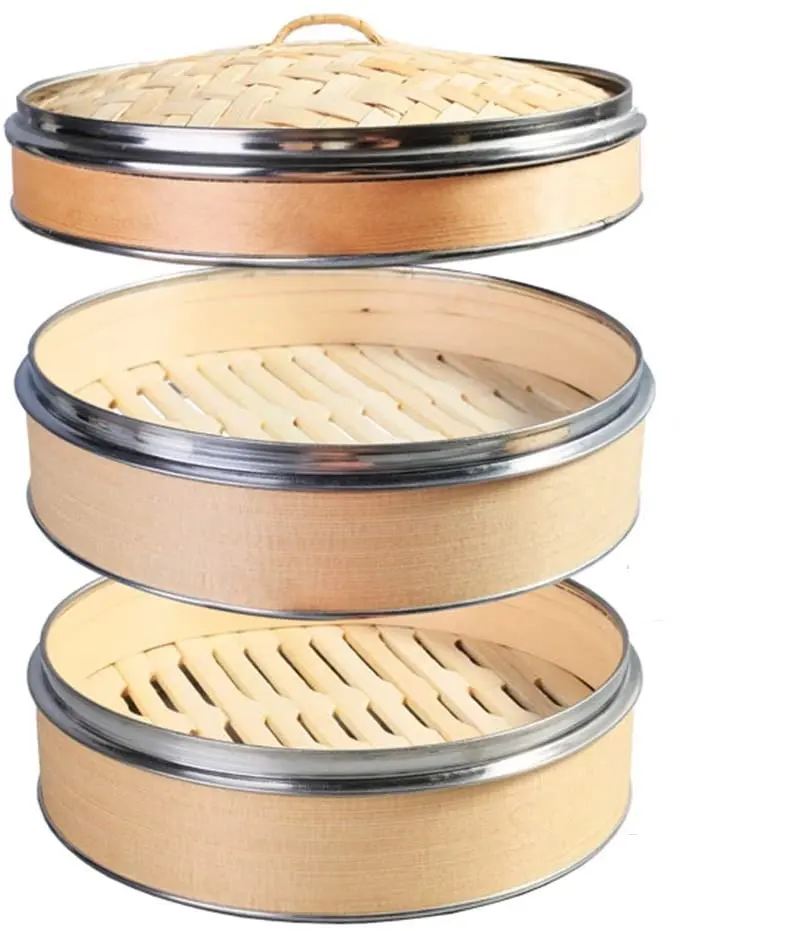 2 Tier Kitchen Bamboo Steamer Double Stainless Steel Banding for Asian Cooking Buns Dumplings Vegetables Fish Rice