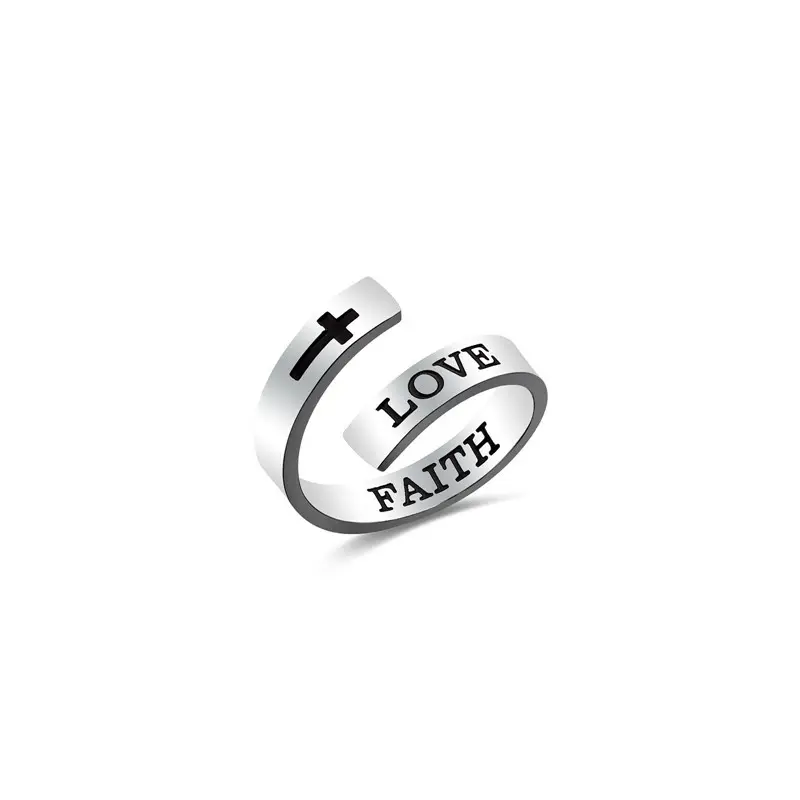 Promotion Business Gift LOVE FAITH Cross Motivational Stainless Steel Adjustable Ring Men Faith Jewelry