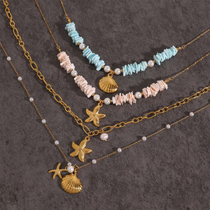 เครื่องประดับกันน้ำไม่หมอง ฐานสแตนเลส 316L ชุบทอง 14k 18k PVD  จี้รูปปลาดาวและเปลือกหอย สร้อยคอสำหรับผู้หญิง - Product Image 4