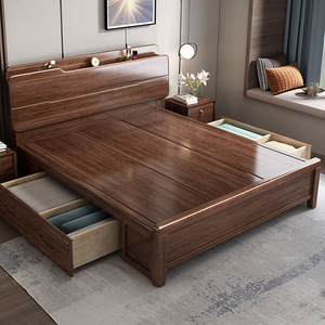Lit de rangement en bois massif noyer 1,8 m avec sommier à ressorts pressurisés, style moderne et minimaliste pour chambre principale - Product Image 2