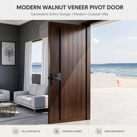 Porte d'entrée extérieure de luxe moderne en bois massif, anti-effraction, avec panneau géométrique, poignée longue et serrure intelligente sécurisée pour maison