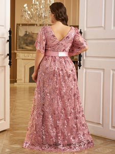 Robe de soirée formelle d'été à <span class=keywords><strong>coupe</strong></span> aléatoire, taille plus, élégante, col en V, manches <span class=keywords><strong>mi</strong></span>-bouffantes, sequins brodés, motif floral, <span class=keywords><strong>coupe</strong></span> trapèze, avec ceinture - Product Image 2