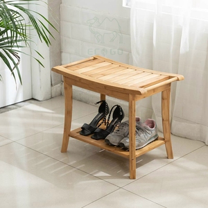Taburete de baño portátil de bambú con estante para toallas - Product Image 3
