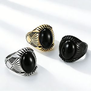 แหวนแฟชั่นทรงเรขาคณิตประดับพลอยสีดำแบบฝังขอบ สำหรับทุกเพศ เป็นของขวัญ เครื่องประดับเหล็กสีทองดำ - Product Image 1