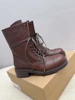 Bottes de moto vintage en cuir pour femme, à lacets, avec fermeture éclair latérale, talon épais, mi-mollet, style biker, noir et marron