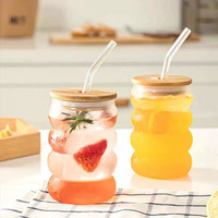 Verre à boire moderne motif vague de lune et fruits, avec couvercle en bambou et paille en verre réutilisable, compatible micro-ondes et lave-vaisselle, pour café glacé