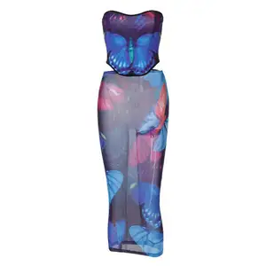 넥타이 염색 나비 프린트 민소매 캐미 섹시 Bodycon 미디 스커트 두 조각 세트 2022 새로운 패션 여성 의류